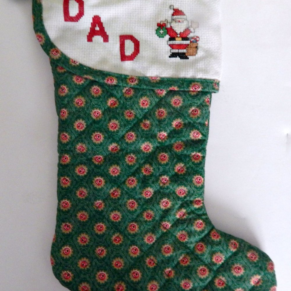 Quilted Christmas Stocking w/Cross Stitched “DAD” and Santa